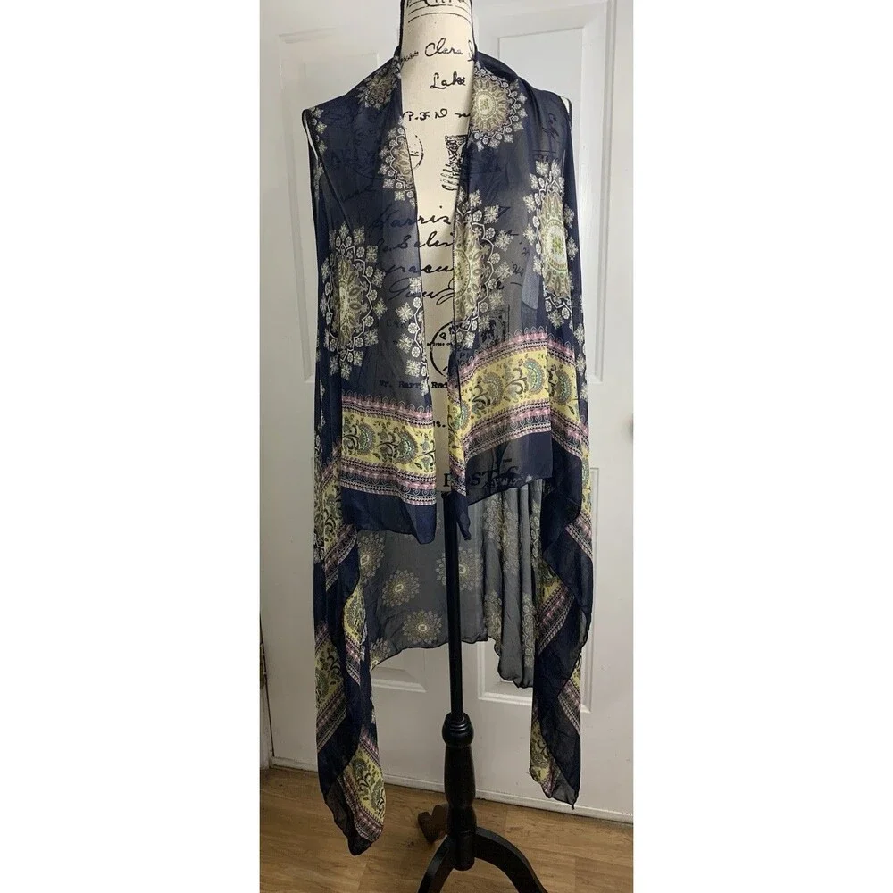 Scarf Vest Long Flowy Sleeveless Navy Print Silky One Size Boho Asymetrical